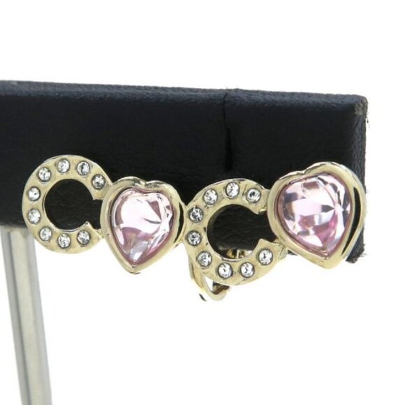 CHANEL CC Logos Pink Rhinestone Heart Clip-On Earrings Gold Tone - Picture 10 of 10